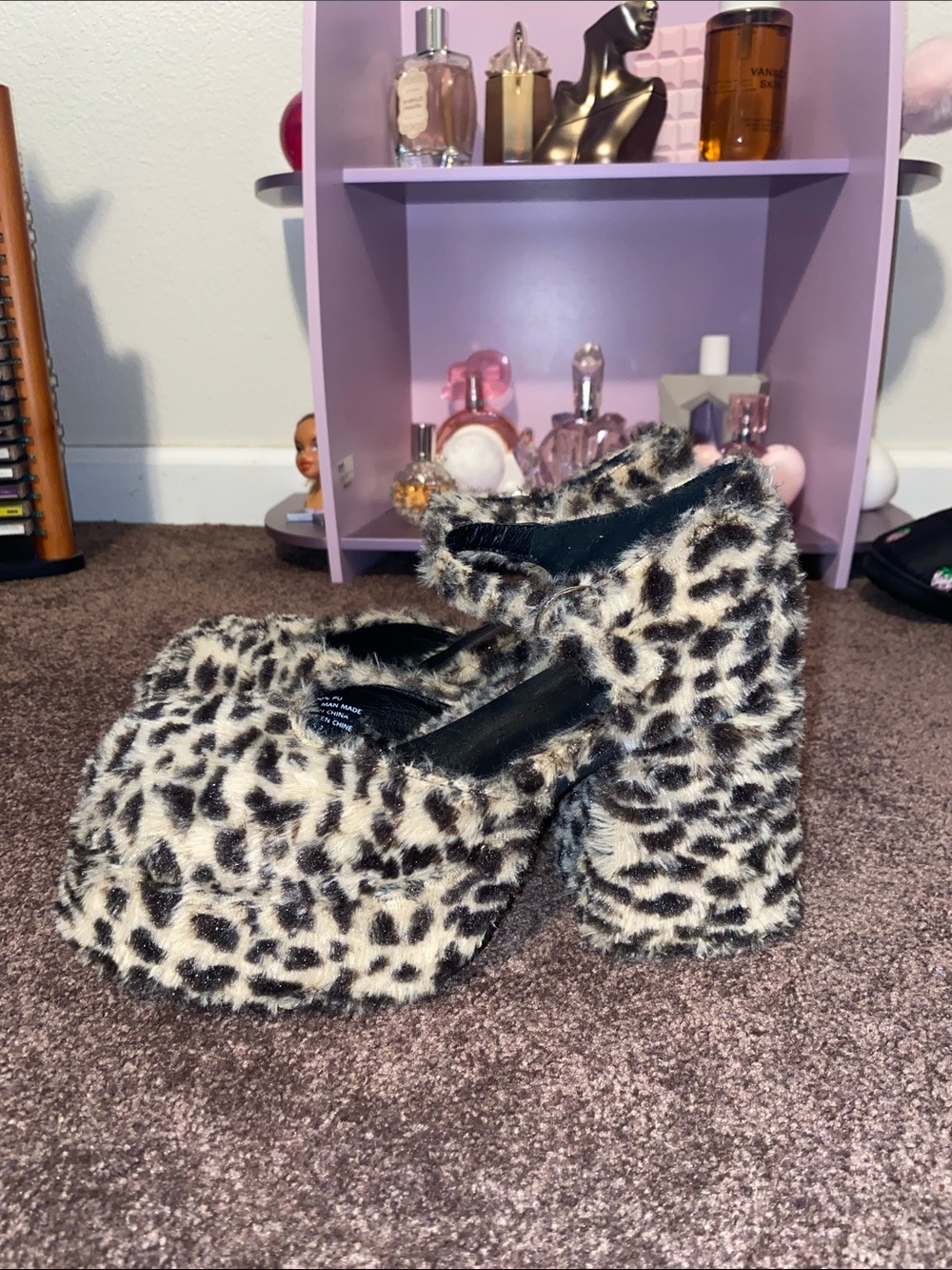 UNIF Leopard Faux Fur Platform Heels in Beige and Black